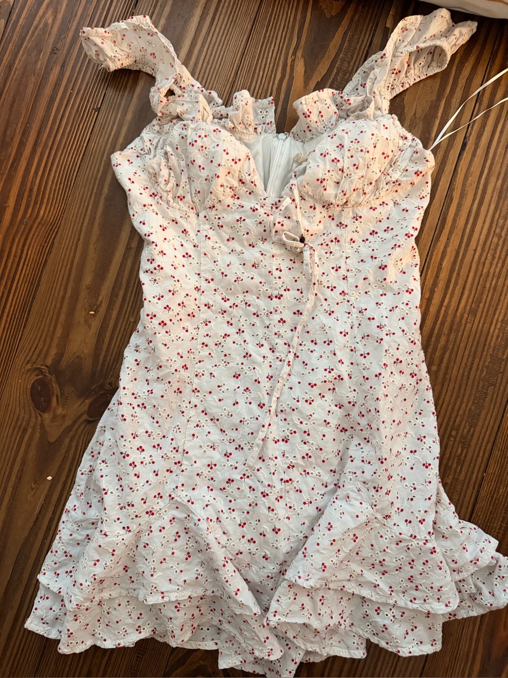 White Mini Sundress with Red Floral Print